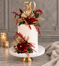 Load image into Gallery viewer, Burgundy, gold & glitter floral cake topper - Wedding, engagement