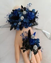 Load image into Gallery viewer, Preserved flowers corsage & buttonhole black, blue & silver AB2007 - School formal / wedding