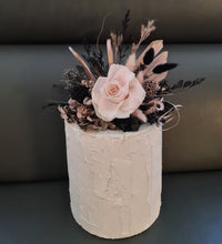 Load image into Gallery viewer, Black, pink, rose gold preserved rose cake topper – birthday, anniversary, graduation cake
