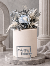 Load image into Gallery viewer, Silver blue everlasting flowers cake topper – baby shower, birthday, graduation