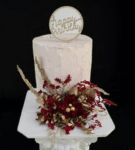Load image into Gallery viewer, Burgundy, champagne gold Everlasting flowers cake topper – birthday, graduation, wedding, engagement, anniversary