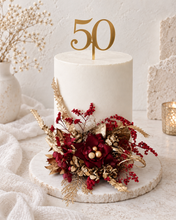 Load image into Gallery viewer, Burgundy, champagne gold Everlasting flowers cake topper – birthday, graduation, wedding, engagement, anniversary