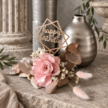 Load image into Gallery viewer, Happy Birthday Dusty pink preserved rose cake topper floral arrangement