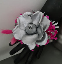 Load image into Gallery viewer, Hot pink fuchsia & silver everlasting flowers snap lock corsage AB2033 - School formal, prom, graduation