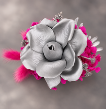 Load image into Gallery viewer, Hot pink fuchsia & silver everlasting flowers snap lock corsage AB2033 - School formal, prom, graduation
