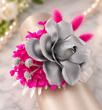 Load image into Gallery viewer, Hot pink fuchsia & silver everlasting flowers snap lock corsage AB2033 - School formal, prom, graduation