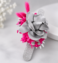 Load image into Gallery viewer, Hot pink fuchsia & silver everlasting flowers snap lock corsage AB2033 - School formal, prom, graduation