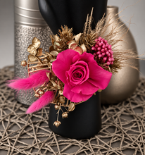 Load image into Gallery viewer, Gold & Hot pink fuchsia preserved rose snap lock corsage AB2034 - School formal, prom, graduation