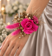 Load image into Gallery viewer, Gold & Hot pink fuchsia preserved rose snap lock corsage AB2034 - School formal, prom, graduation