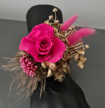 Load image into Gallery viewer, Gold & Hot pink fuchsia preserved rose snap lock corsage AB2034 - School formal, prom, graduation