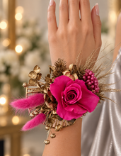 Load image into Gallery viewer, Gold & Hot pink fuchsia preserved rose snap lock corsage AB2034 - School formal, prom, graduation