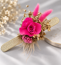 Load image into Gallery viewer, Gold & Hot pink fuchsia preserved rose snap lock corsage AB2034 - School formal, prom, graduation