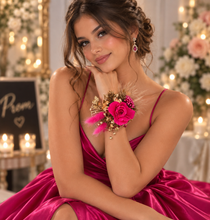 Load image into Gallery viewer, Gold & Hot pink fuchsia preserved rose snap lock corsage AB2034 - School formal, prom, graduation