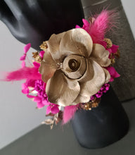 Load image into Gallery viewer, Hot pink fuchsia & gold everlasting flowers snap lock corsage AB2035 - School formal, prom, graduation