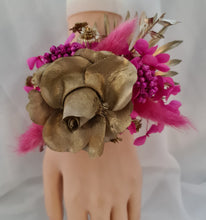 Load image into Gallery viewer, Hot pink fuchsia & gold everlasting flowers snap lock corsage AB2035 - School formal, prom, graduation