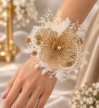 Load image into Gallery viewer, Champagne Gold Orchid & neutral everlasting flowers snap lock corsage AB2036 - School formal, prom, graduation
