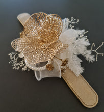 Load image into Gallery viewer, Champagne Gold Orchid & neutral everlasting flowers snap lock corsage AB2036 - School formal, prom, graduation