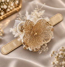Load image into Gallery viewer, Champagne Gold Orchid & neutral everlasting flowers snap lock corsage AB2036 - School formal, prom, graduation