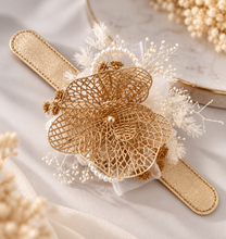 Load image into Gallery viewer, Champagne Gold Orchid & neutral everlasting flowers snap lock corsage AB2036 - School formal, prom, graduation