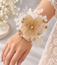 Load image into Gallery viewer, Champagne Gold Orchid & neutral everlasting flowers snap lock corsage AB2036 - School formal, prom, graduation