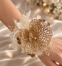 Load image into Gallery viewer, Champagne Gold Orchid & neutral everlasting flowers snap lock corsage AB2036 - School formal, prom, graduation