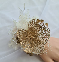Load image into Gallery viewer, Champagne Gold Orchid & neutral everlasting flowers snap lock corsage AB2036 - School formal, prom, graduation