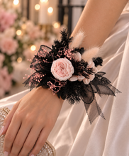 Load image into Gallery viewer, Preserved flowers corsage mini peony pastel pink & black AB2037 - School formal, prom, graduation