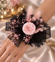 Load image into Gallery viewer, Preserved flowers corsage mini peony pastel pink & black AB2037 - School formal, prom, graduation