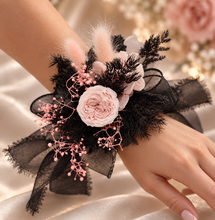 Load image into Gallery viewer, Preserved flowers corsage mini peony pastel pink & black AB2037 - School formal, prom, graduation