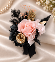 Load image into Gallery viewer, Elegant peach, gold, black preserved rose corsage & buttonhole AB2040 - School formal, prom, graduation