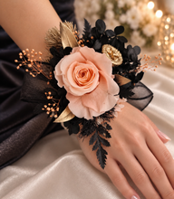 Load image into Gallery viewer, Elegant peach, gold, black preserved rose corsage & buttonhole AB2040 - School formal, prom, graduation