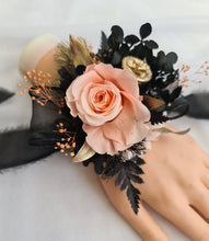Load image into Gallery viewer, Elegant peach, gold, black preserved rose corsage & buttonhole AB2040 - School formal, prom, graduation