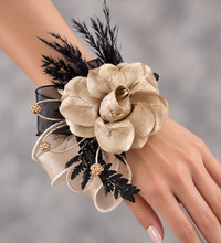 Load image into Gallery viewer, Champagne gold & black crystal glitter snap lock corsage AB2042 - School formal, prom, graduation