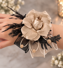 Load image into Gallery viewer, Champagne gold & black crystal glitter snap lock corsage AB2042 - School formal, prom, graduation