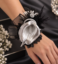 Load image into Gallery viewer, Unique Silver calla lily & black glitter snap lock corsage AB2043 - School formal, prom, graduation