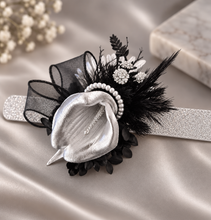 Load image into Gallery viewer, Unique Silver calla lily & black glitter snap lock corsage AB2043 - School formal, prom, graduation