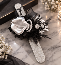 Load image into Gallery viewer, Unique Silver calla lily & black glitter snap lock corsage AB2043 - School formal, prom, graduation