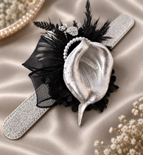 Load image into Gallery viewer, Unique Silver calla lily & black glitter snap lock corsage AB2043 - School formal, prom, graduation