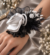 Load image into Gallery viewer, Unique Silver calla lily & black glitter snap lock corsage AB2043 - School formal, prom, graduation
