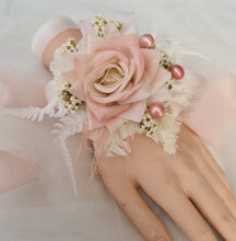 Load image into Gallery viewer, Everlasting preserved flowers corsage pastel pink / peach & white AB2046 - School formal, prom, graduation