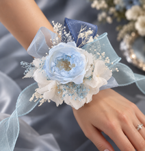 Load image into Gallery viewer, Soft blue & white preserved peony corsage AB2049 - School formal, prom, graduation