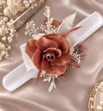 Load image into Gallery viewer, Preserved rose snap lock corsage in brown & white AB2050 - School formal, prom, graduation