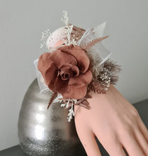 Load image into Gallery viewer, Preserved rose snap lock corsage in brown & white AB2050 - School formal, prom, graduation