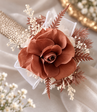 Load image into Gallery viewer, Preserved rose snap lock corsage in brown & white AB2050 - School formal, prom, graduation