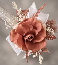 Load image into Gallery viewer, Preserved rose snap lock corsage in brown & white AB2050 - School formal, prom, graduation