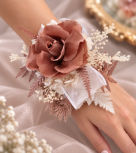 Load image into Gallery viewer, Preserved rose snap lock corsage in brown & white AB2050 - School formal, prom, graduation