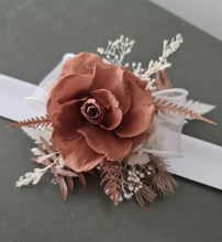 Load image into Gallery viewer, Preserved rose snap lock corsage in brown & white AB2050 - School formal, prom, graduation