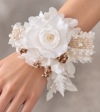 Load image into Gallery viewer, Preserved rose snap lock corsage in champagne gold & white AB2051 - School formal, prom, graduation