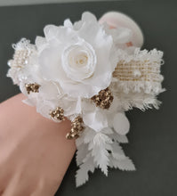 Load image into Gallery viewer, Preserved rose snap lock corsage in champagne gold & white AB2051 - School formal, prom, graduation
