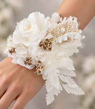 Load image into Gallery viewer, Preserved rose snap lock corsage in champagne gold & white AB2051 - School formal, prom, graduation